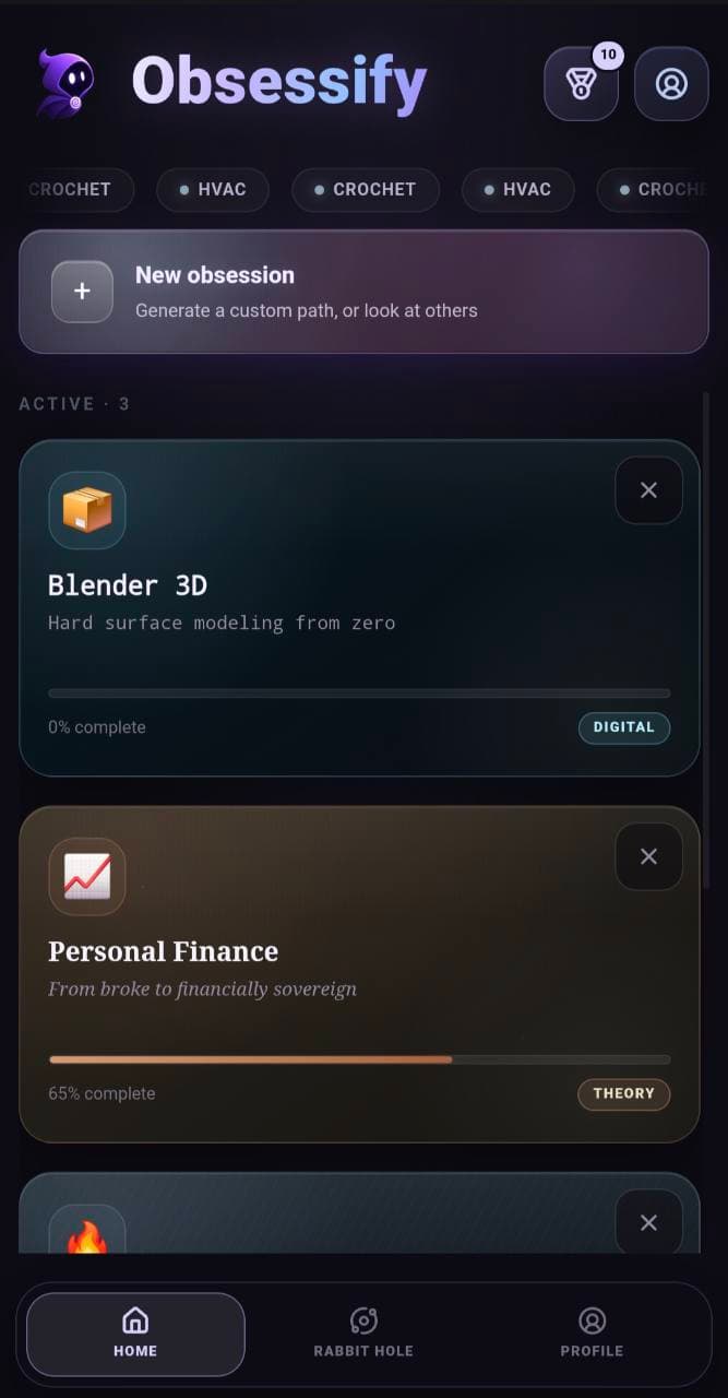 Obsessify dashboard with active courses